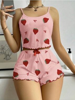 Strawberry Print Pink Ribbed Crop Cami & Shorts Set